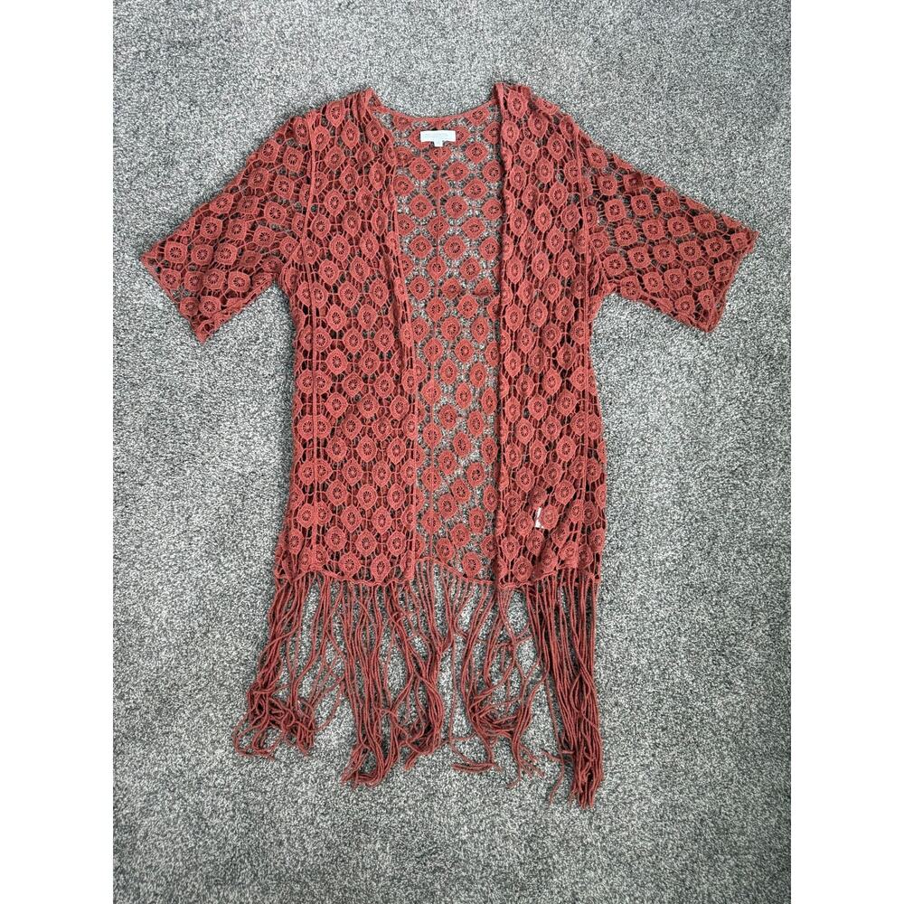 Boho Crochet Fringe‎ Cardigan Rust Open Knit Festival Kimono Duster S